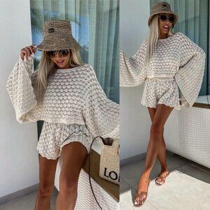Apricot boho Women's Hollow Out Round Neck Long Sleeve Knit Sweater & Short set